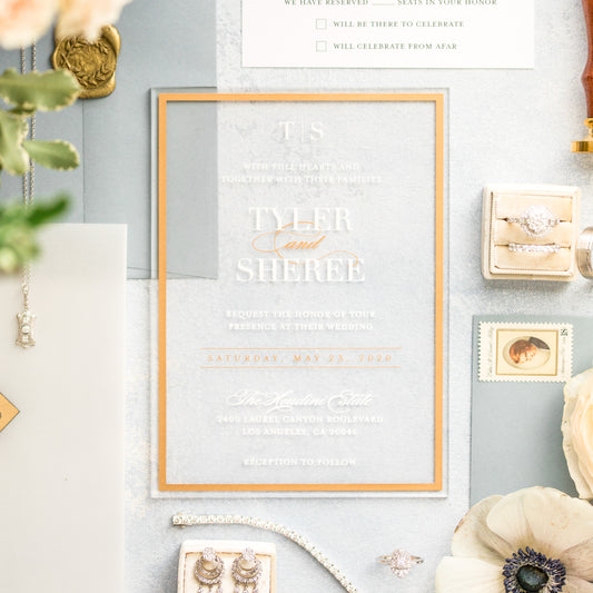Frame'd Collection | Clear Acrylic Wedding Invitations • Gold & White