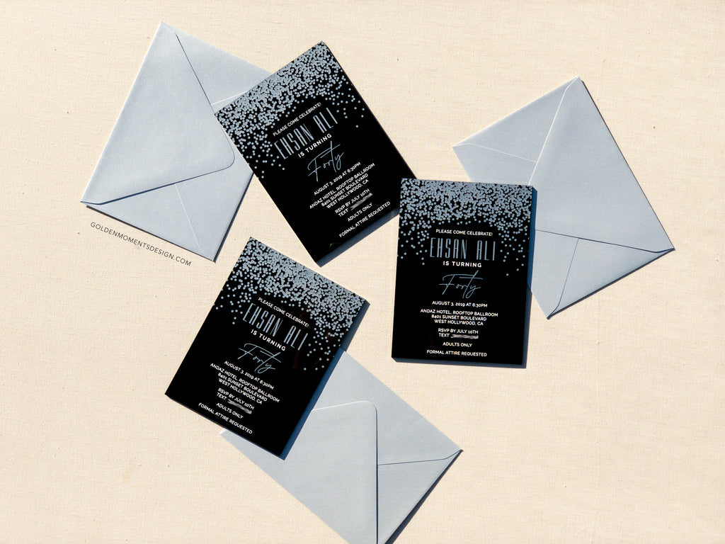 Confetti | Black Acrylic Invitation for Birthdays & Celebrations