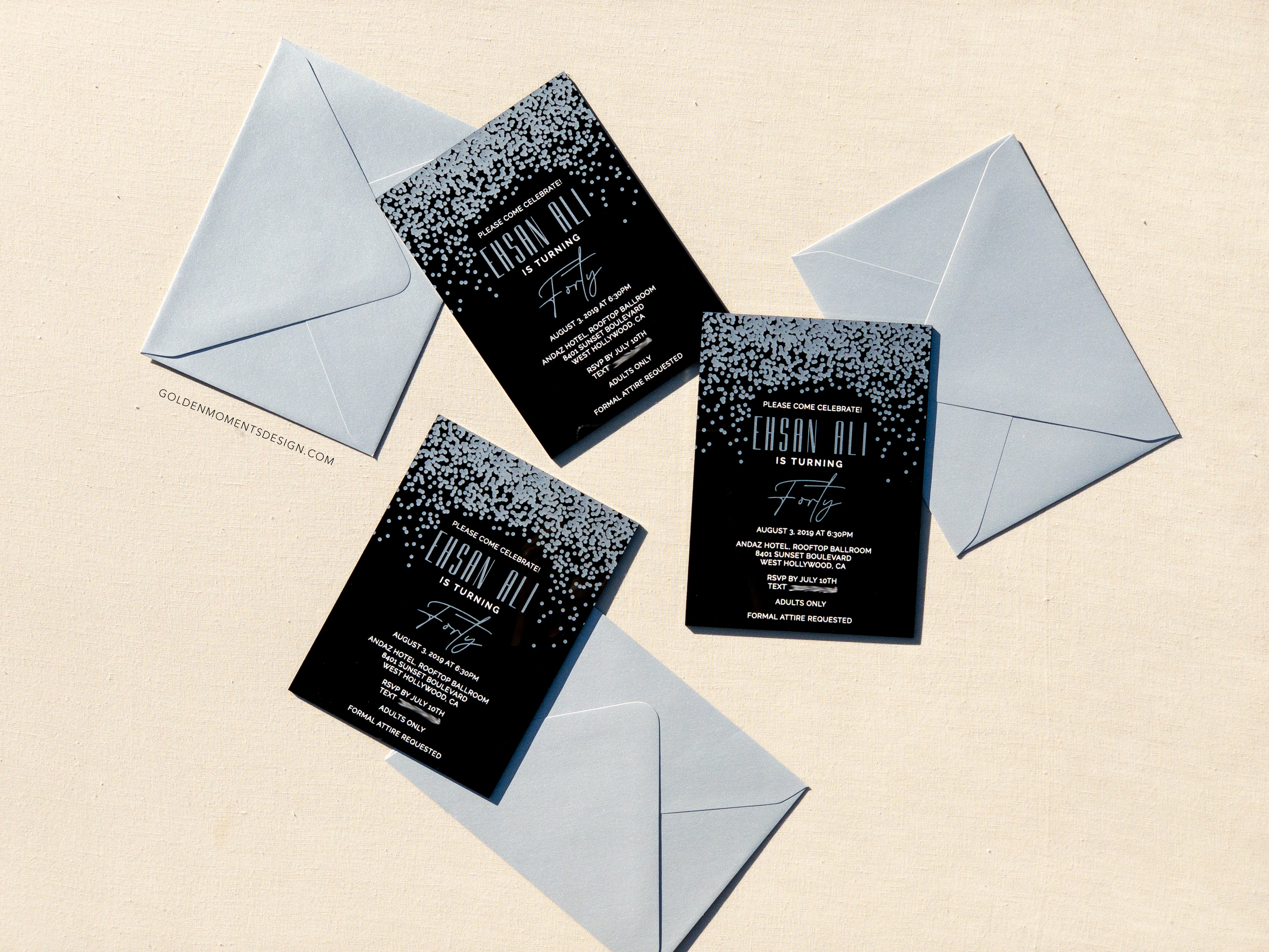 Confetti | Black Acrylic Invitation for Birthdays & Celebrations