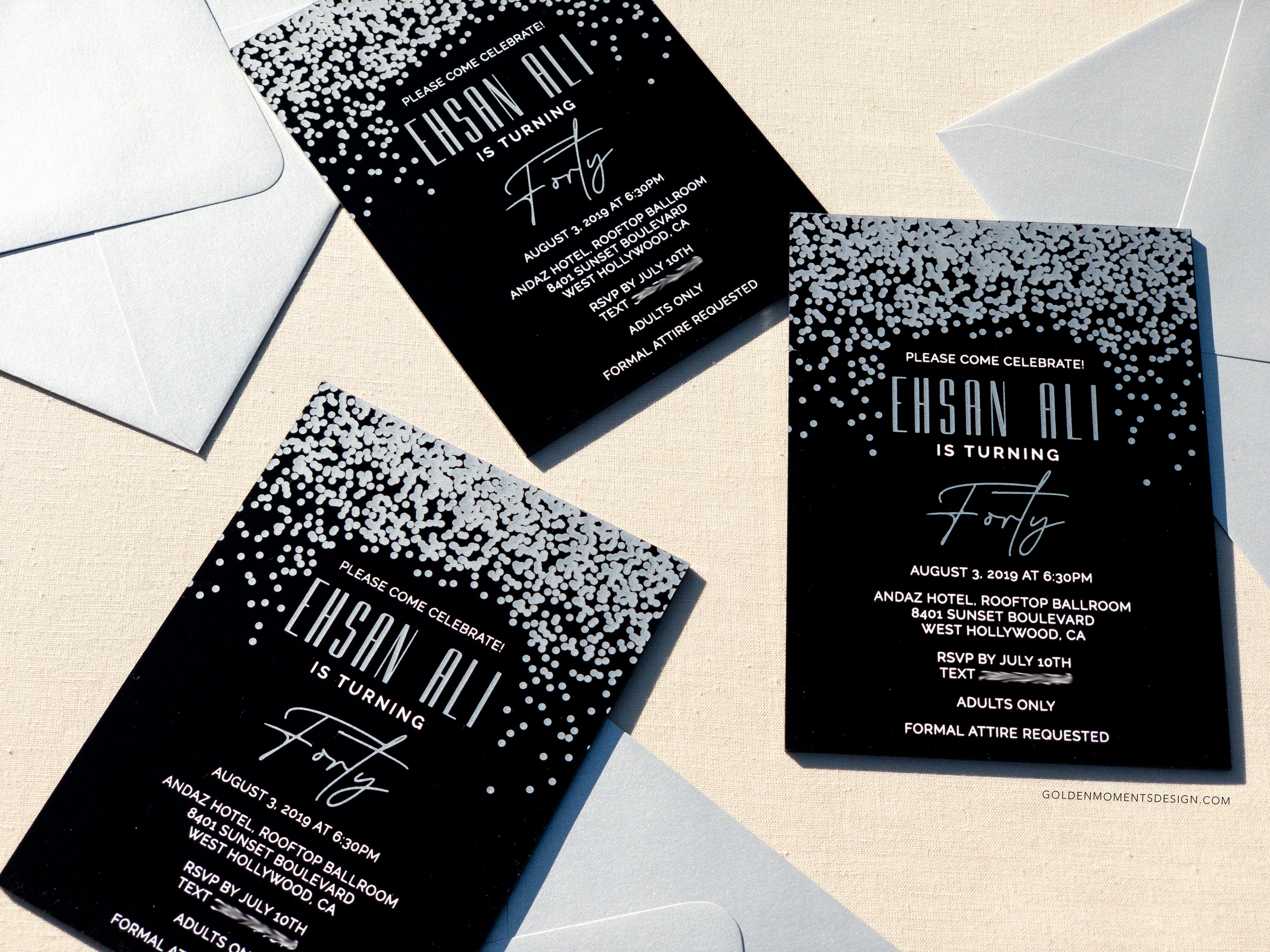 Confetti | Black Acrylic Invitation for Birthdays & Celebrations