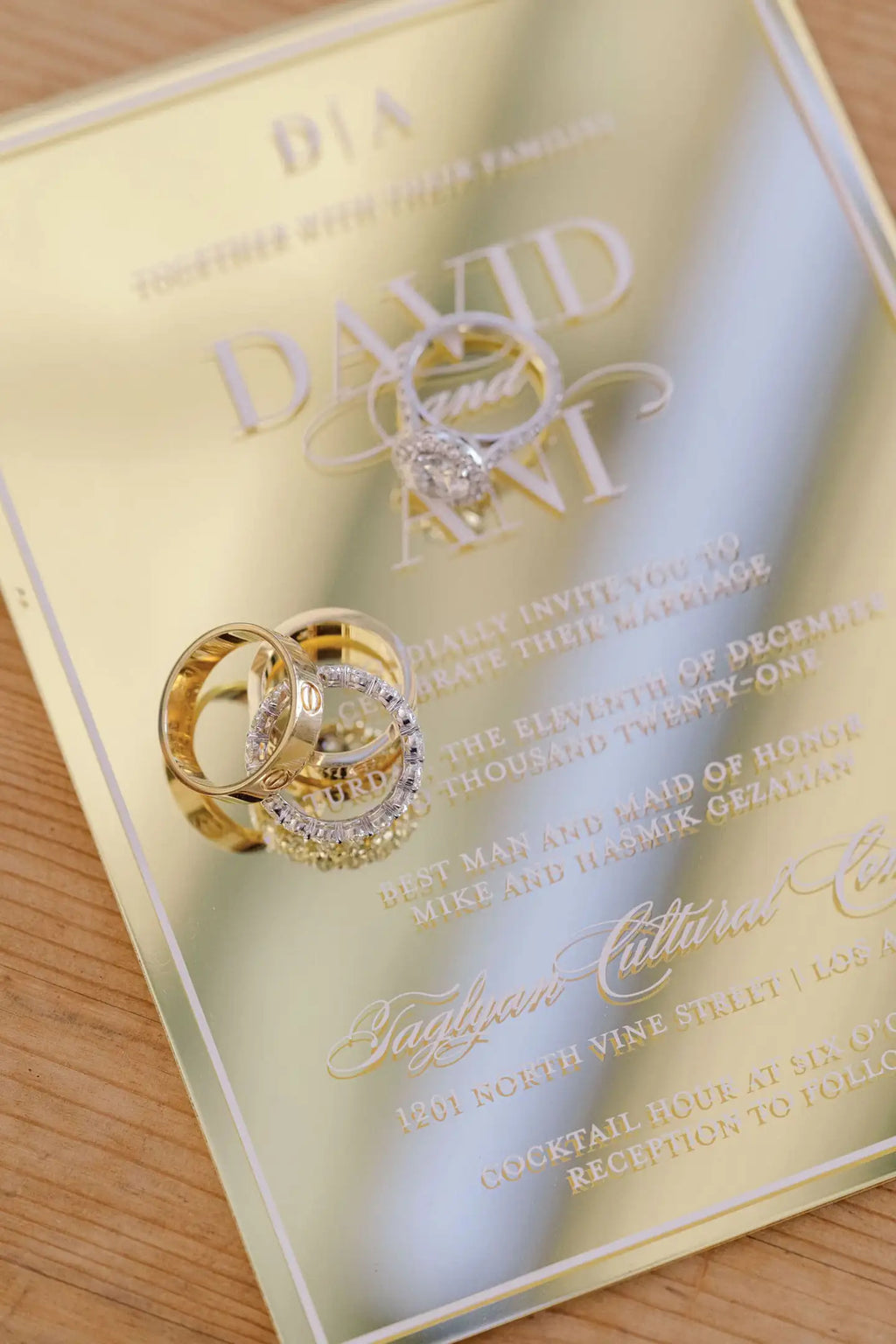 The Frame'd | Modern, Acrylic Gold Mirror Wedding Invitation