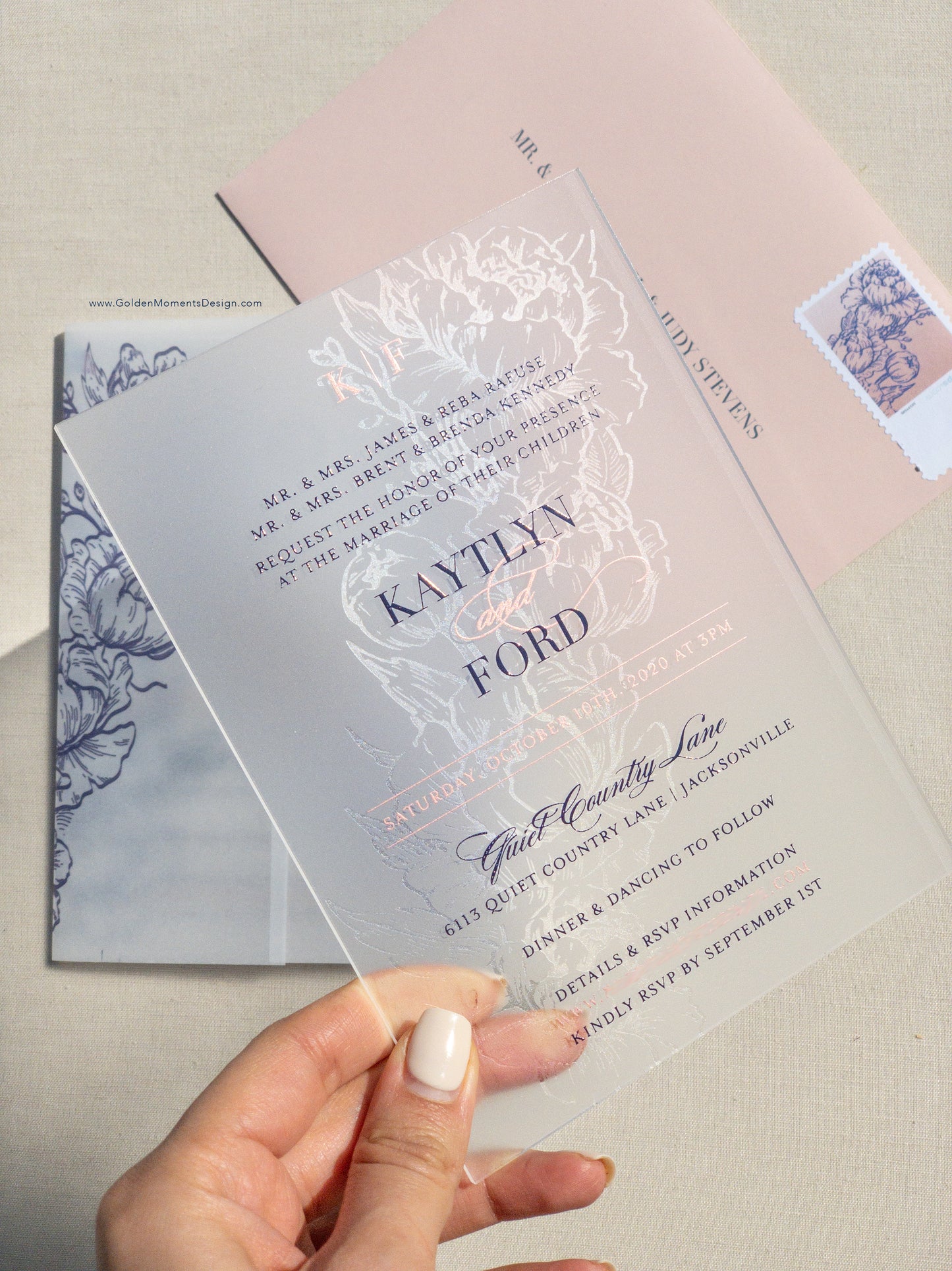 Melrose | Peony Floral Frosted Acrylic Wedding Invitations