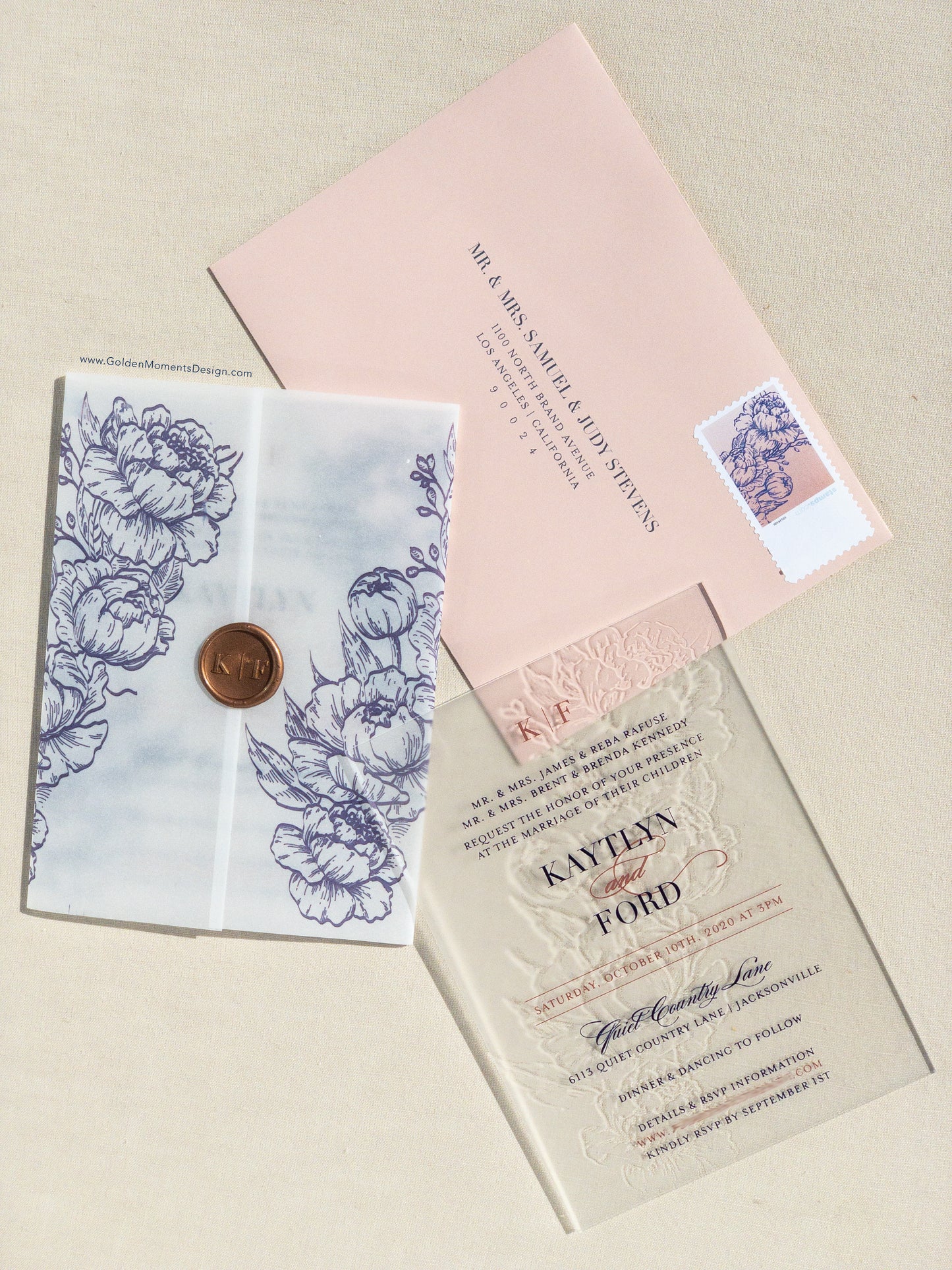 Melrose | Peony Floral Frosted Acrylic Wedding Invitations