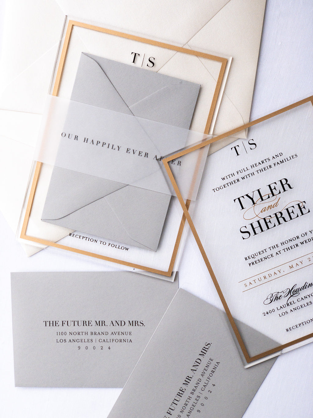 Frame'd Collection | Semi-Custom Clear Acrylic Invitations • Black & Gold