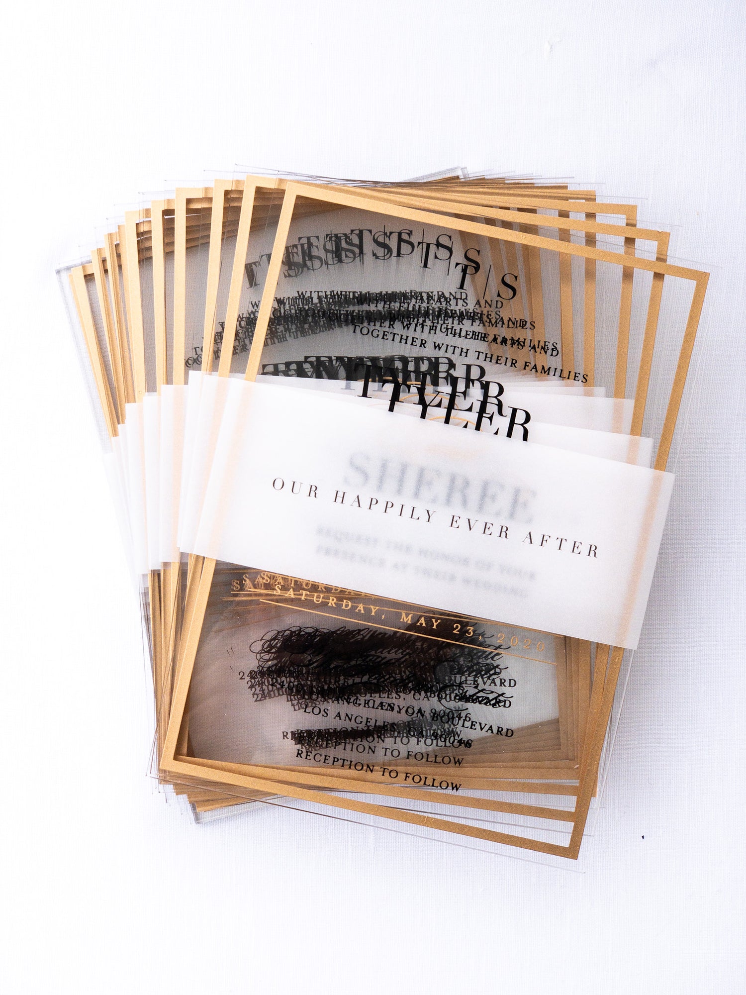 Frame'd Collection | Semi-Custom Clear Acrylic Invitations • Black & Gold