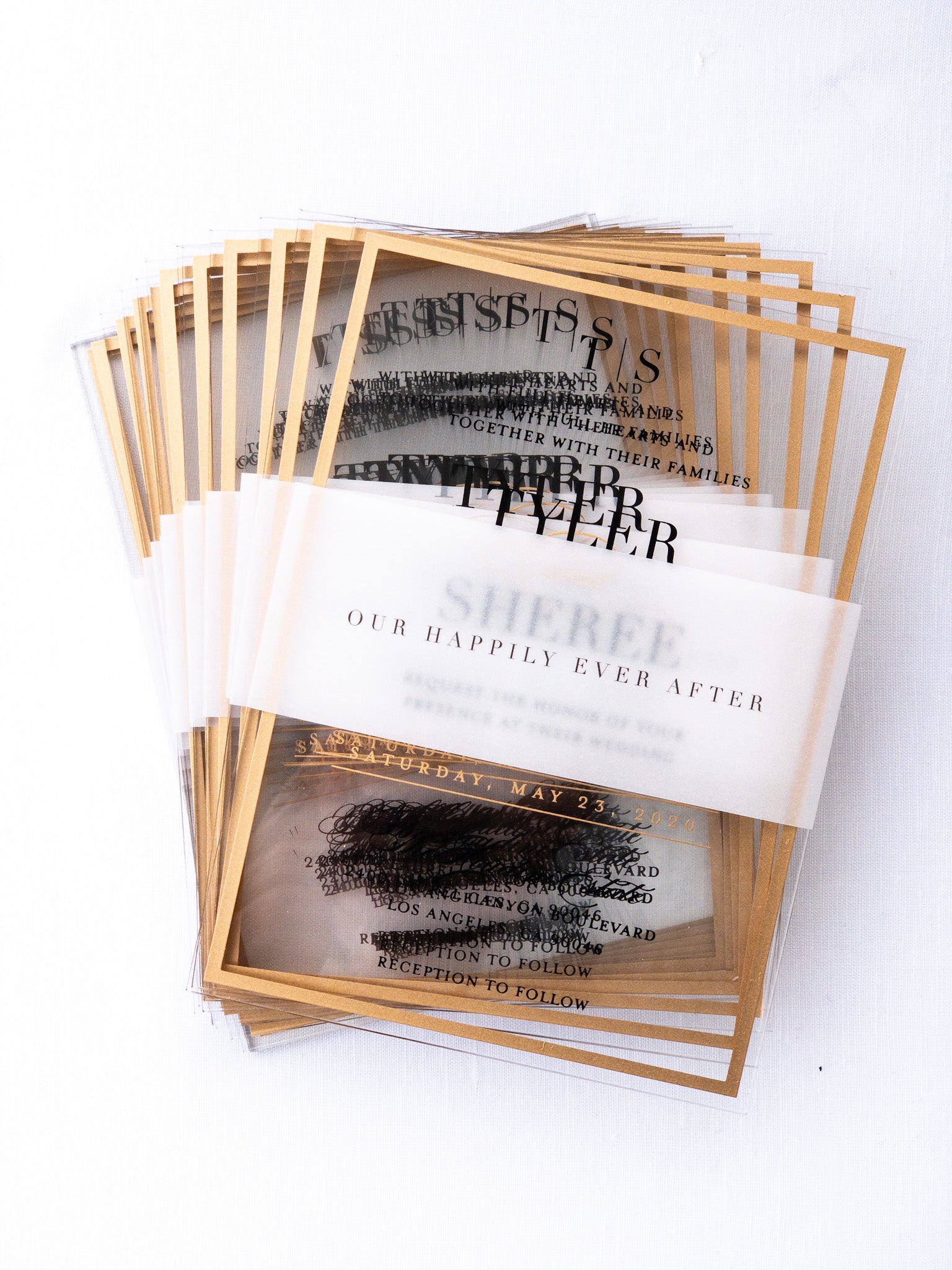 Frame'd Collection | Semi-Custom Clear Acrylic Invitations • Black & Gold