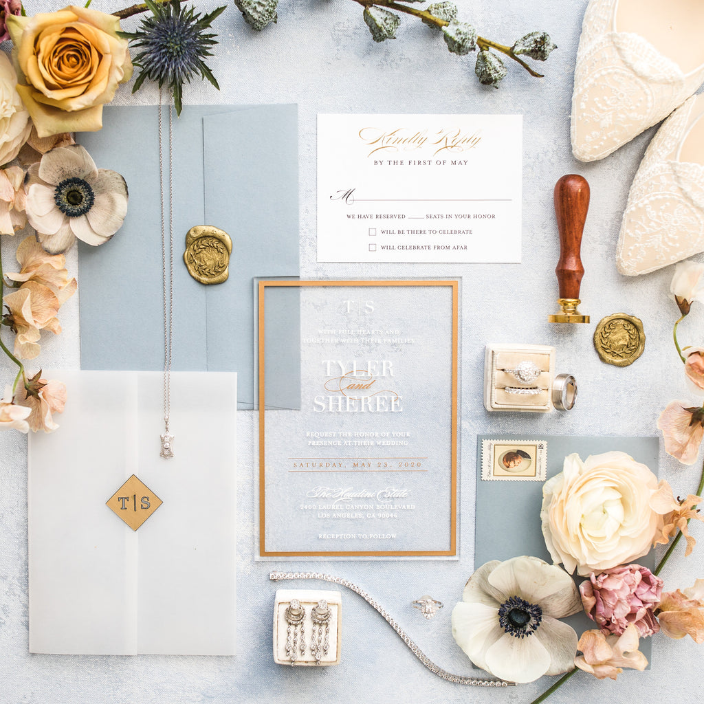 Frame'd Collection | Clear Acrylic Wedding Invitations • Gold & White