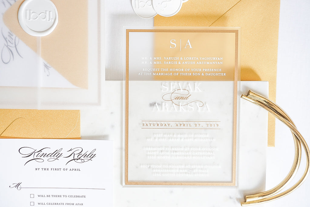 Frame'd Collection | Clear Acrylic Wedding Invitations • Gold & White