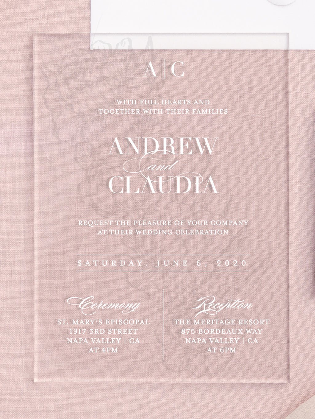 Melrose | Peony Floral Frosted Acrylic Wedding Invitations