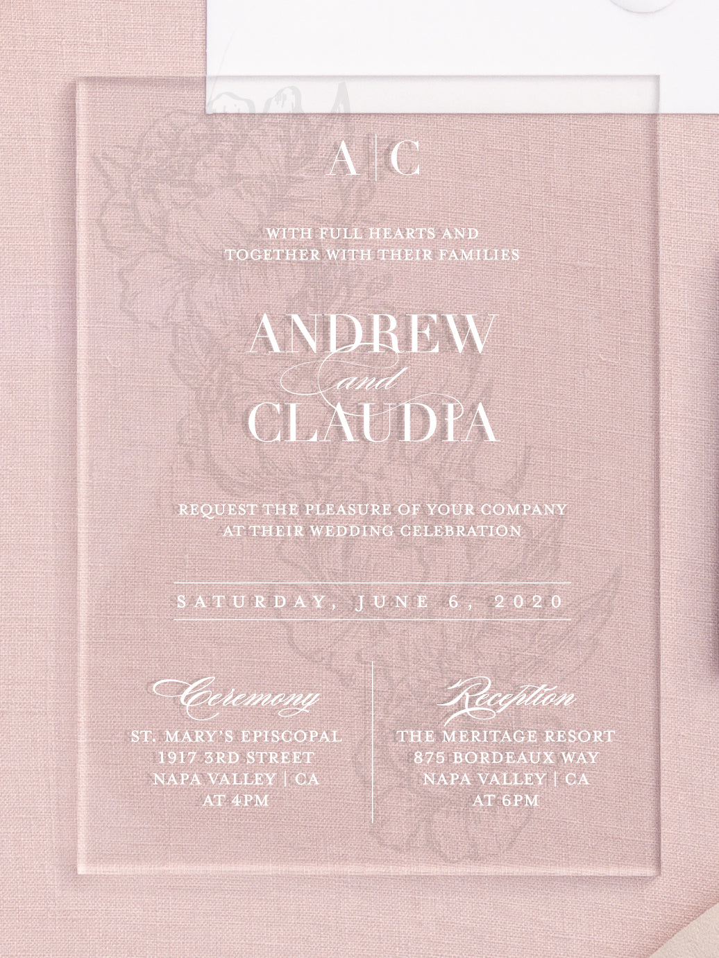 Melrose | Peony Floral Frosted Acrylic Wedding Invitations