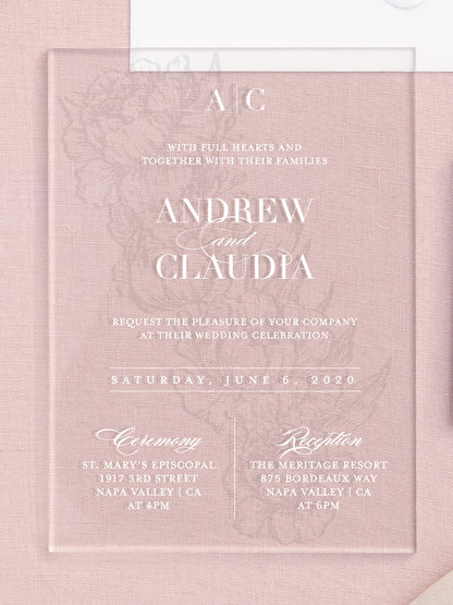 Melrose | Peony Floral Frosted Acrylic Wedding Invitations