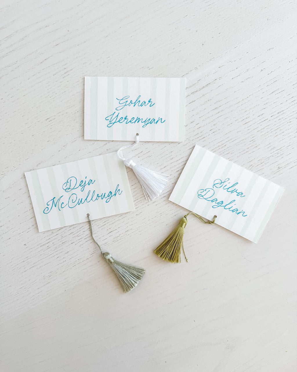 Italian Stripes | Place Cards with Tassels, Vertical Green Stripes