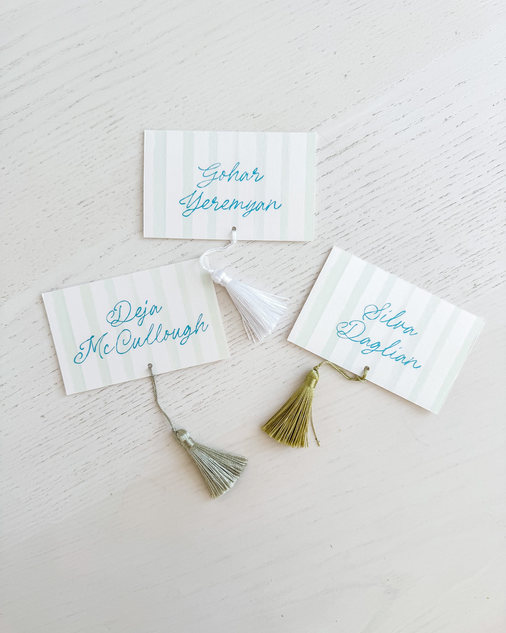 Italian Stripes | Place Cards with Tassels, Vertical Green Stripes