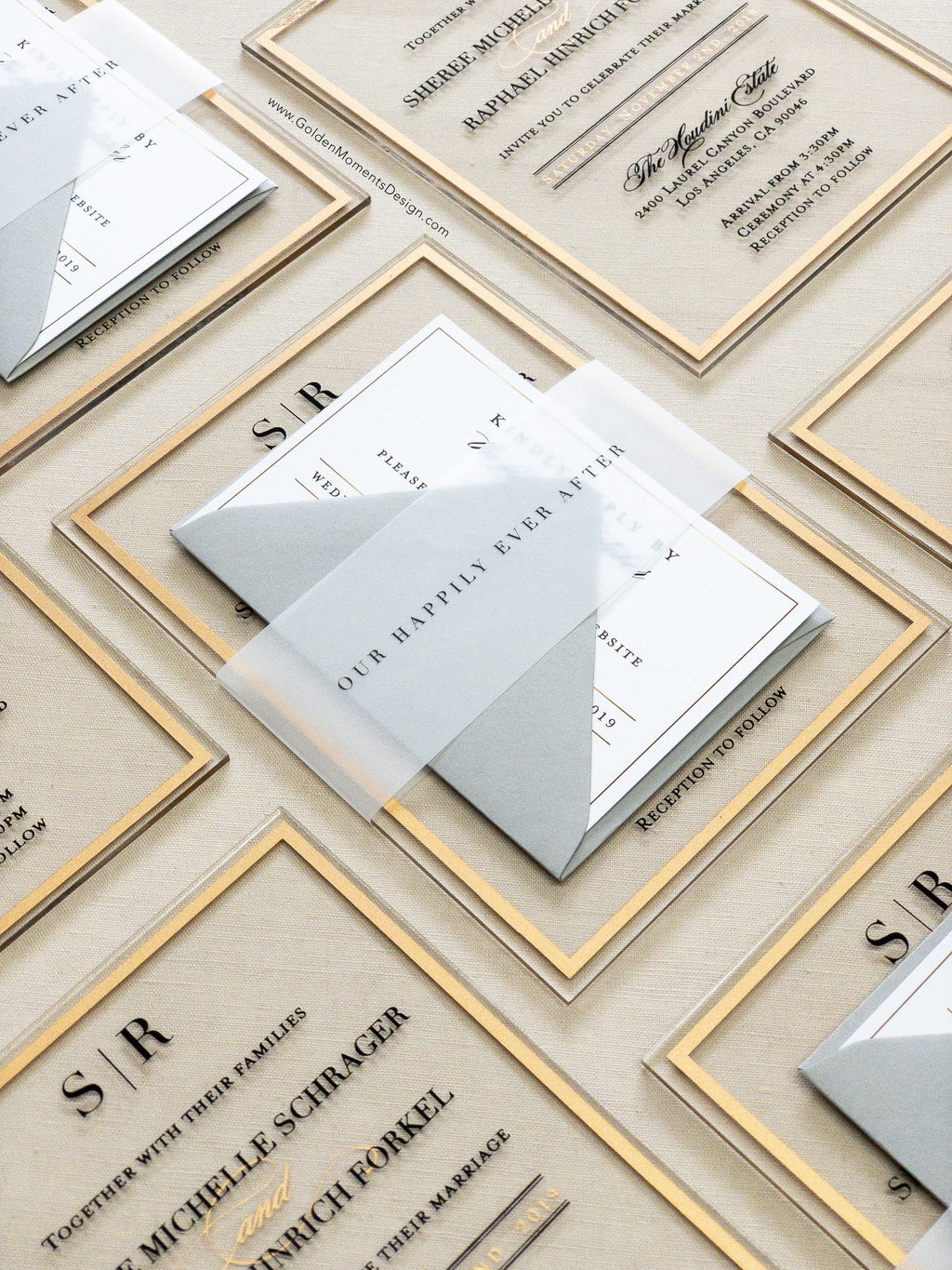 Frame'd Collection | Semi-Custom Clear Acrylic Invitations • Black & Gold
