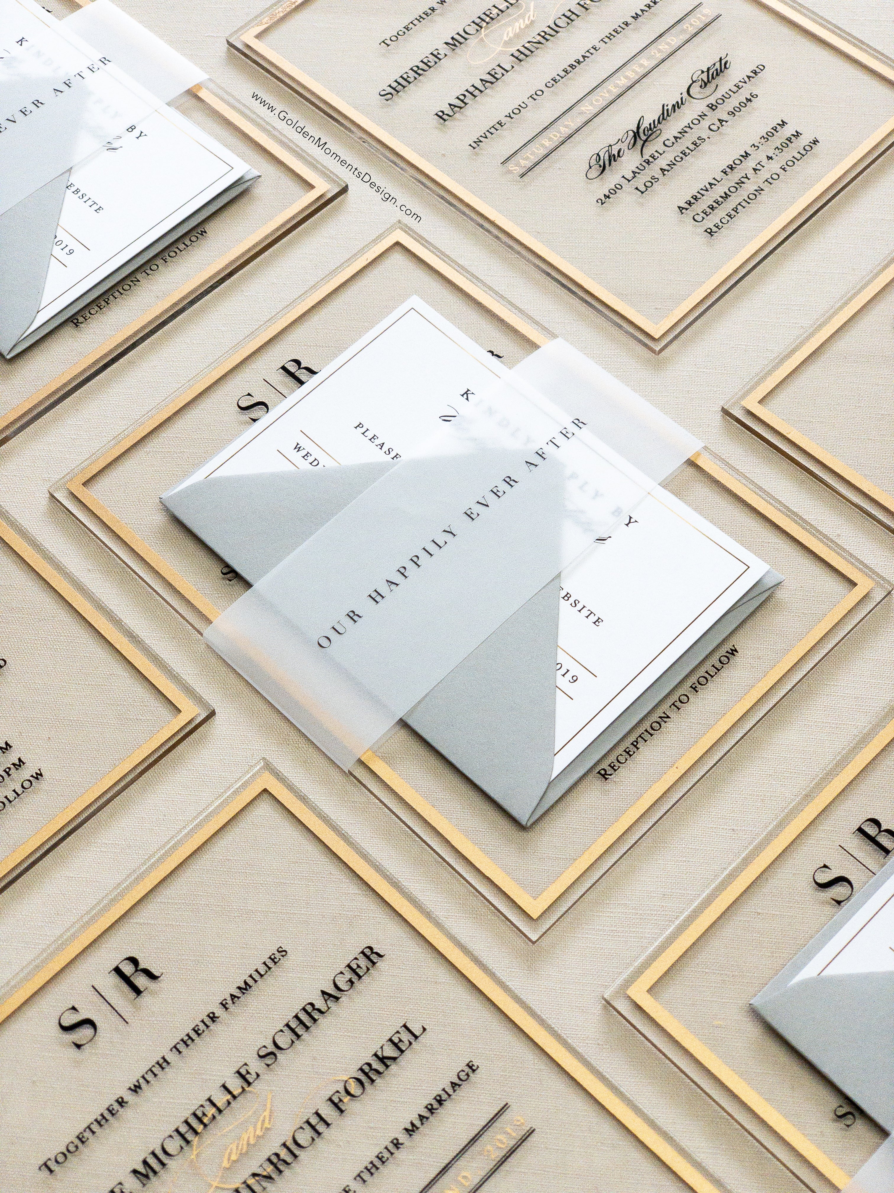 Frame'd Collection | Semi-Custom Clear Acrylic Invitations • Black & Gold