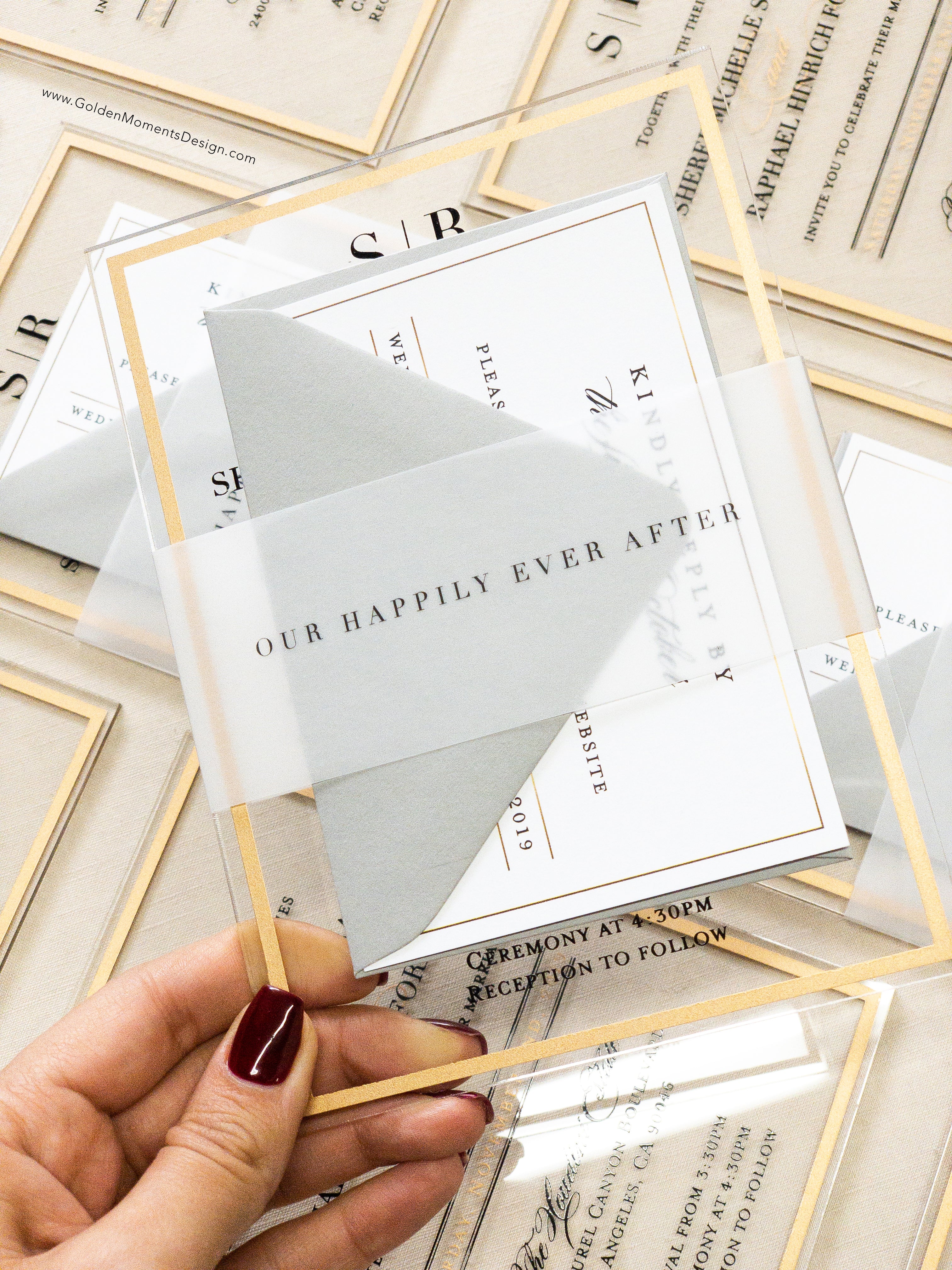 Frame'd Collection | Semi-Custom Clear Acrylic Invitations • Black & Gold